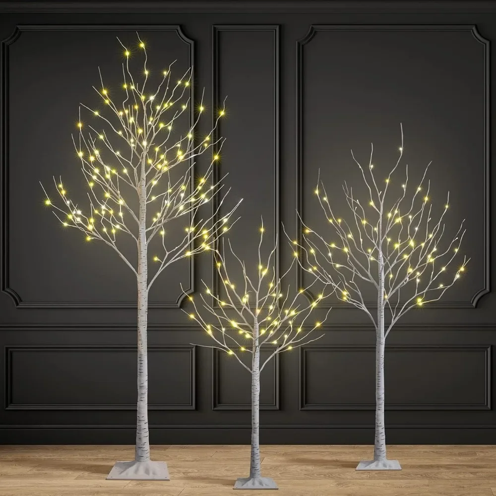 Set of 3 Lighted Birch Tree 4FT 6FT and 8FT LED Artificial Tree for Decoration Inside and Outside, Home Patio Wedding Festival