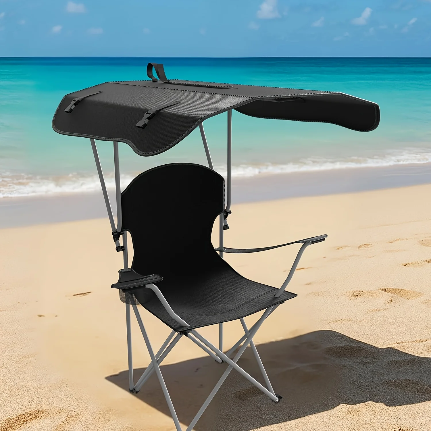 

Portable folding fishing chair with sunshade - equipped with cup holder, portable and lightweight design, suitable for beaches
