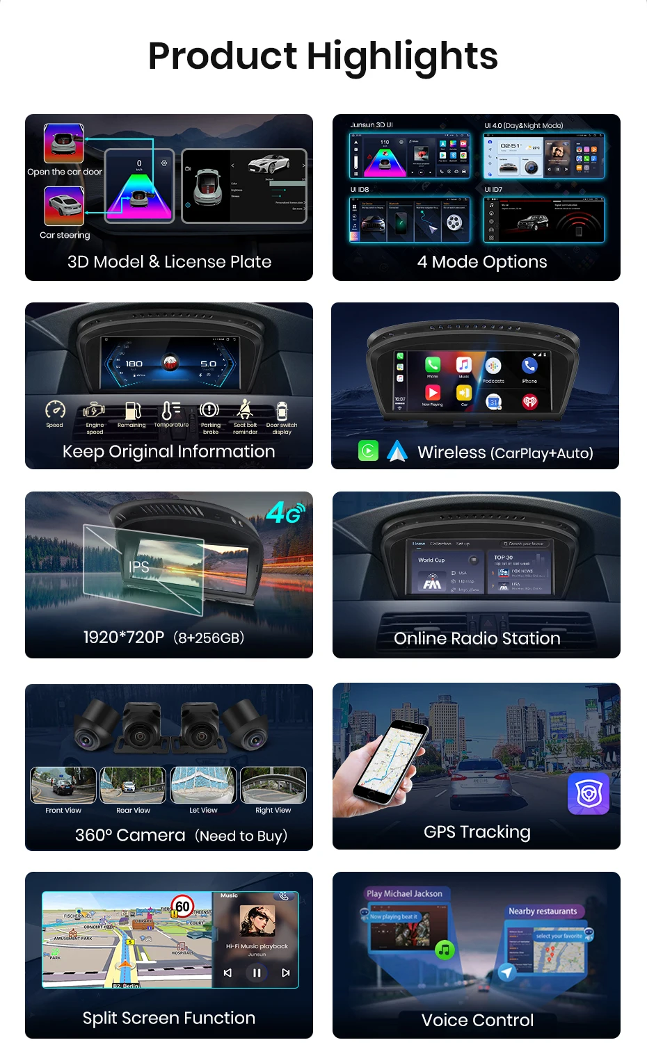 Junsun Carplay für Apple Autoradio Multimedia für BMW 5er E60 E61 E63 E64 für BMW 3er E90 E91 E92 E93 Android Auto – Detail 5