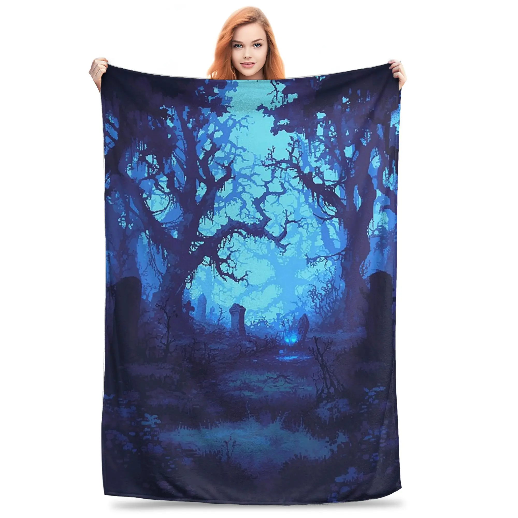 Haunted Halloween Forest Scene Blanket Portable Flannel Sofa Throw Blanket for Home Bedroom Outdoor Throws Bedspread Quilt