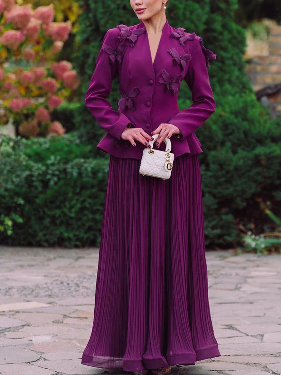 Elegant Skirts Suits For Women V Neck Long Sleeve Spliced Butterfly Coats High Waist Pleated Skirt Set Female 2025костюм женский