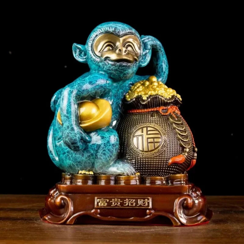 Painted Brass Figurine - Zodiac , Wealthy and Auspicious Money Monkey Holding a Fortune Bag, Decorative Gift for Ho