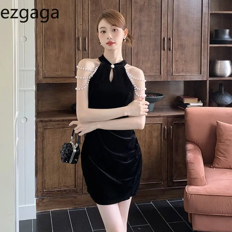 Ezgaga Dresses Women Sexy Sleeveless Pearl Button Slim Stand Collar Split Slim Autumn Temperament Party Dress Ladies Elegant