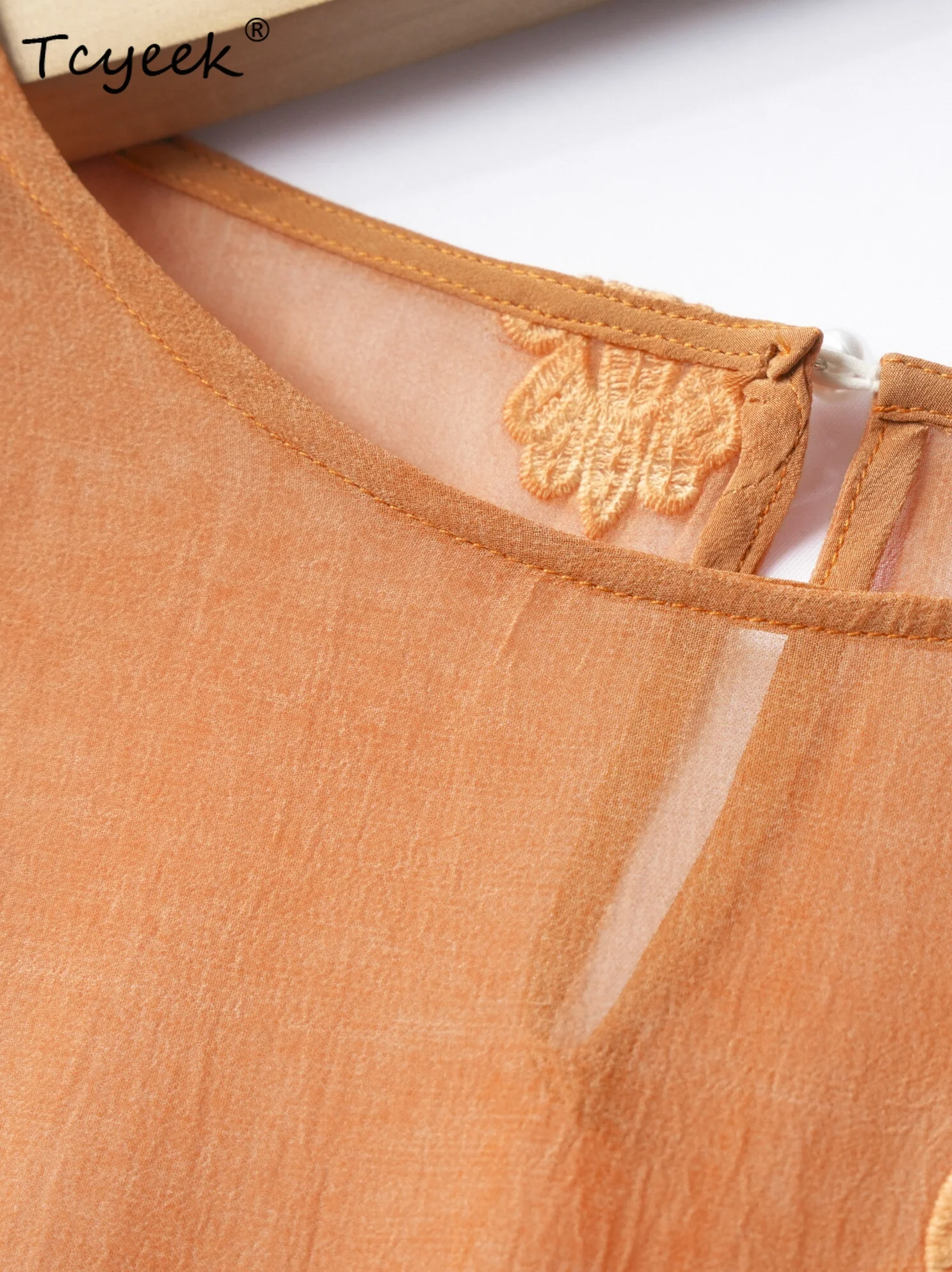 Tcyeek 100% seda amoreira verão regata em torno do pescoço manga nove quartos laranja proteção solar camisas femininas Ж gessi Одеж Б