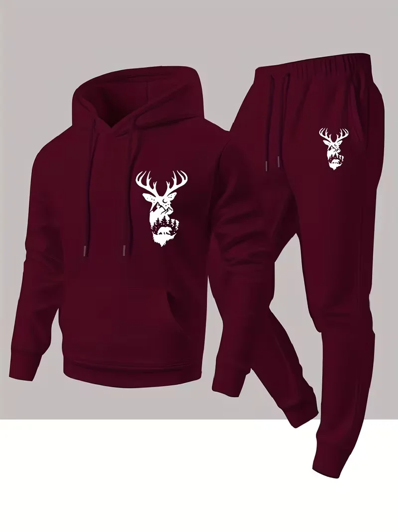 Men's Urban Casual animal print Print Two-Piece Set Hooded Top & Sports Pants Autumn Winter Running Sportswear Daily Wear view 5