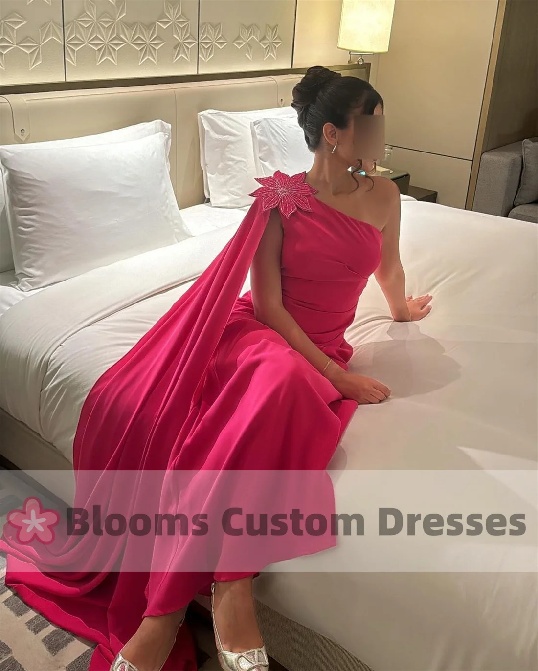 Blooms One-shoulder 3D Flower Beaded Prom Dress Cape Sleeve Floor-length Formal Occasion Gown Customized Arabia Evening Dresses