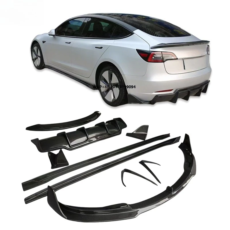 

For Model 3 High Quality V-shaped Carbon Fiber Front Lip Side Skirt Wind Knife Rear Spoiler Rear Corner Rear Diffuser