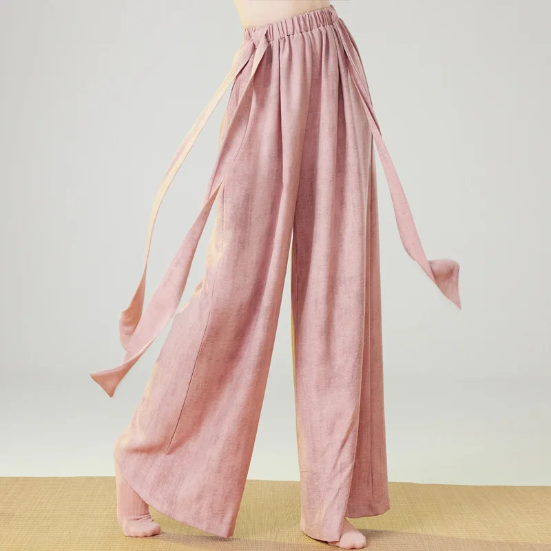 Women Classical Dance Pants Elegant Flowy Ribbon Modern Dance Practice Pant Casual Loose Wide Leg Lace-Up Tie-Dye Culottes Pants