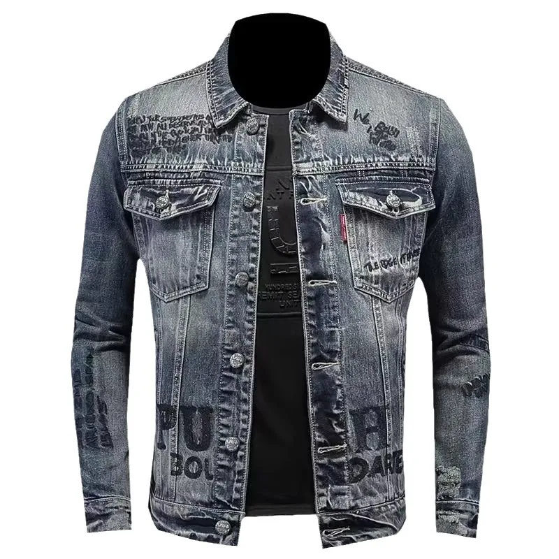 

Мужская джинсовая куртка, модная повседневная мотоциклетная куртка с лацканами, винтажные синие пальто, свободные топы с длинными рукавами, мужская одежда