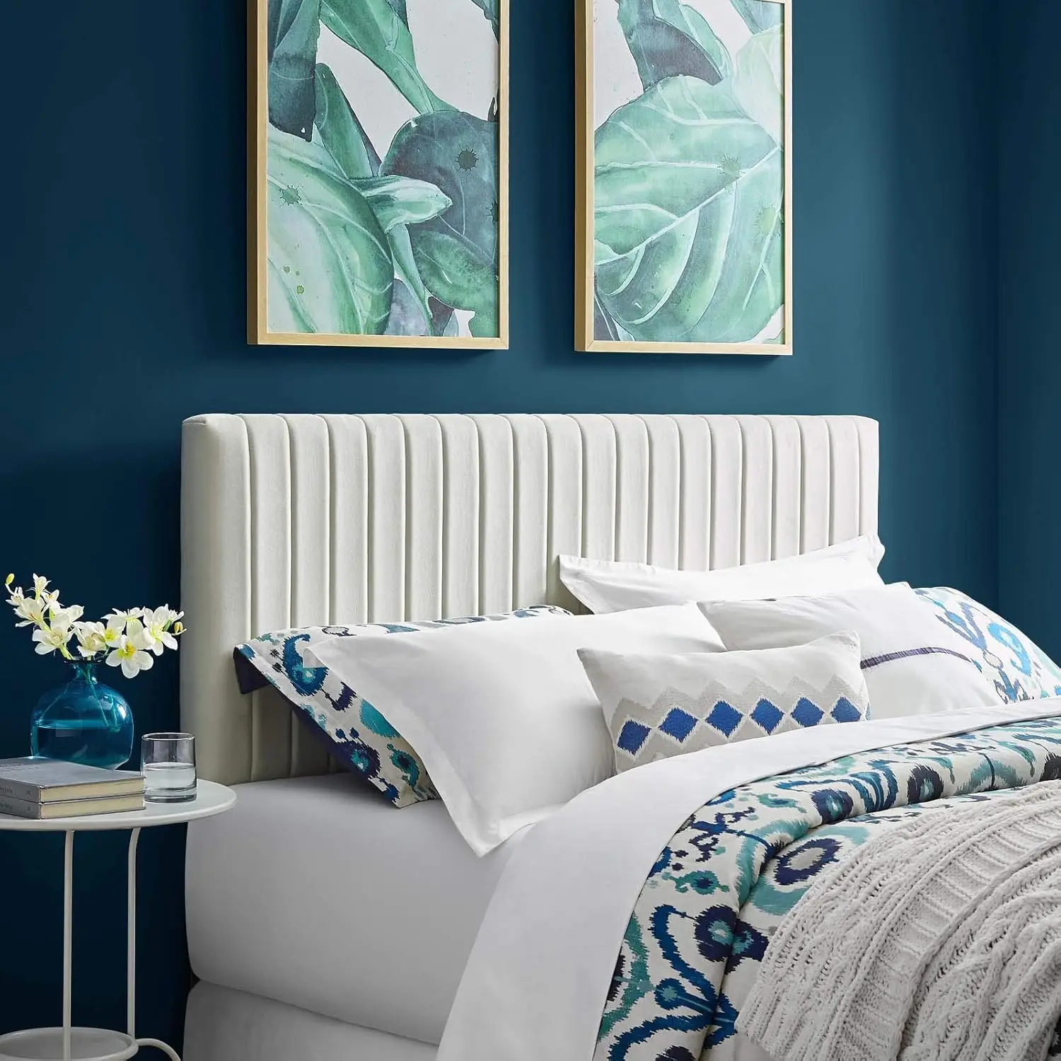 Ivory Velvet Tufted Headboard for Full/Queen Beds - Modern Upholstered Bedroom Decor
