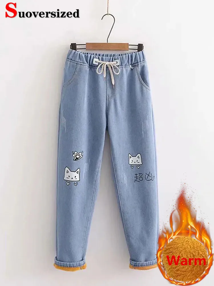 Imagem -02 - Calças Jeans de Veludo Forrado de Veludo Feminino Jeans Estampado em Desenhos Animados Calças Largas no Tornozelo com Cordões Grossas Quentes Inverno Harém