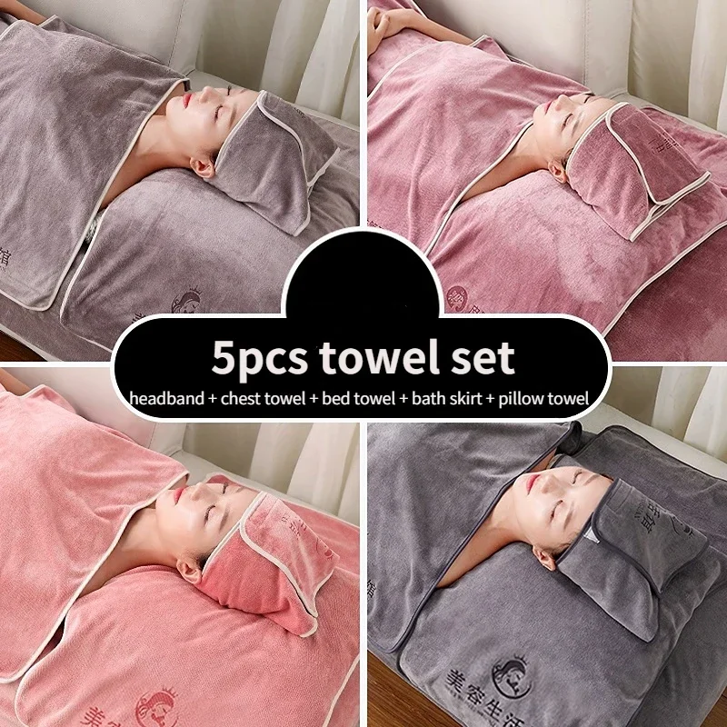 5pcs Microfiber Towel Set for Beauty Salon Headband + Chest + Bedspread+ Bath Skirt + Pillow Towel Sets