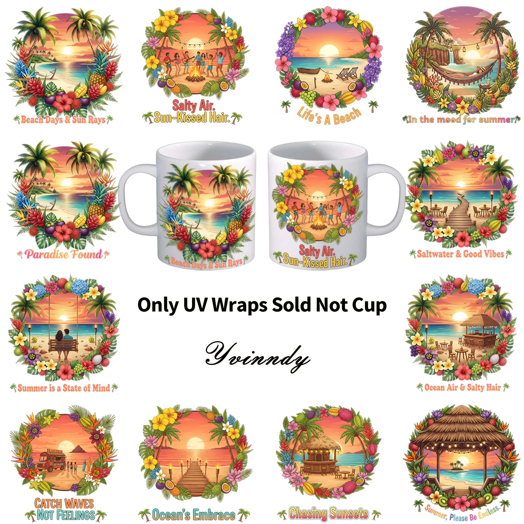 

12 PCS/Set Of Summer Beach UV DTF Transfer Stickers, Waterproof And Durable DIY Handicraft Gifts, Perfect Gift Choice (NO Cups)