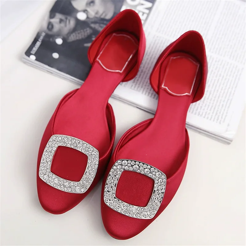 Spring and summer new round toe hollow silk surface rhinestone buckle sandals banquet large size small size flat women's shoes view 6