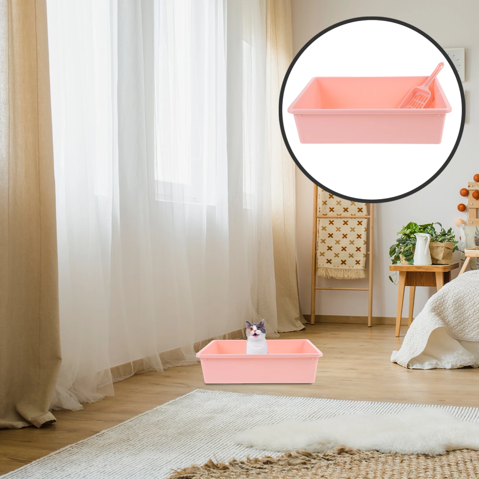 

1 set Large Capacity Plastic Kitten Toilet Pan Portable Open Type Scoop Included Sturdy Durable Easy Clean Low Entry Pet Toilet