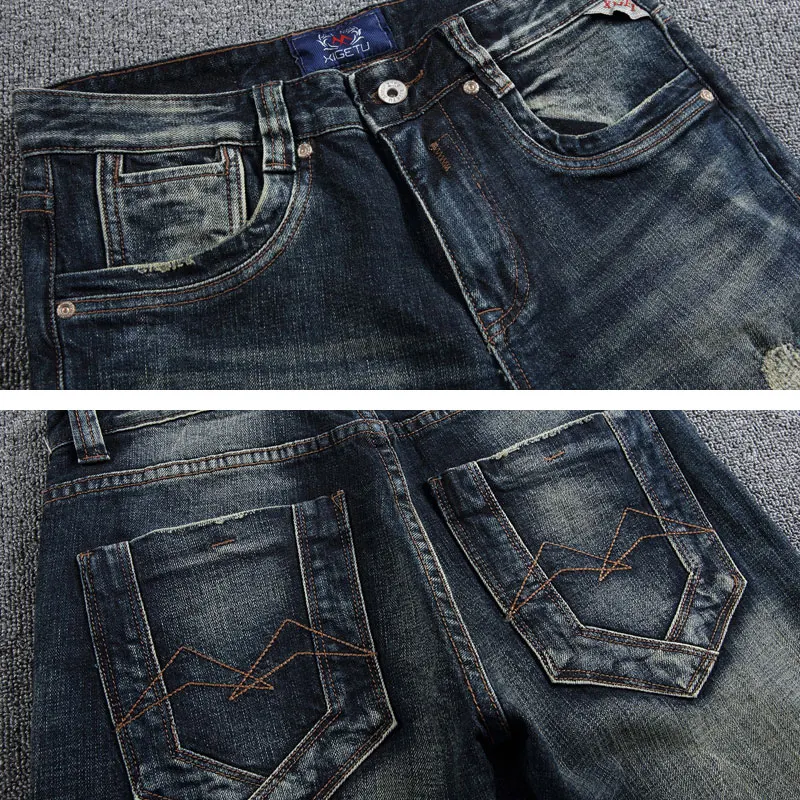 Fashion Vintage Men Jeans High Quality Retro Black Blue Stretch Slim Ripped Jeans Men Embroidery Patched Designer Denim Pants