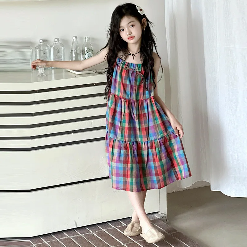 Girls Skirts 2024 Summer New Childrens Dresses Baby Girls Foreign Style Dopamine Check Strap Dress Casual Simple Daily