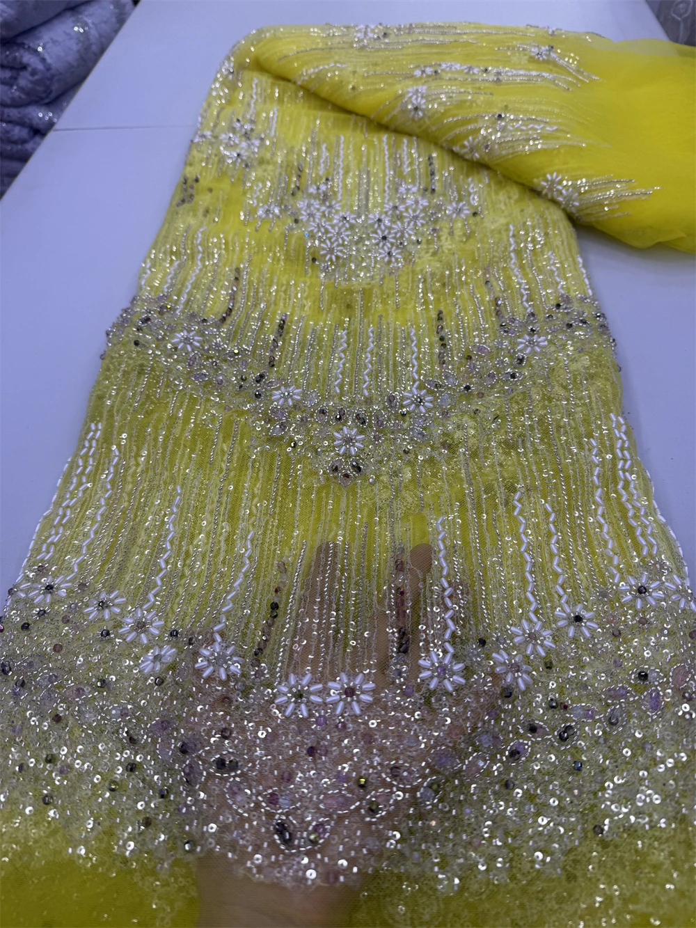 African Nigerian Tulle Lace Fabric, Sequins Sewing, Guipure Beads, Stone Embroidery Dresses, High Quality, 2024 5Yards, jy386