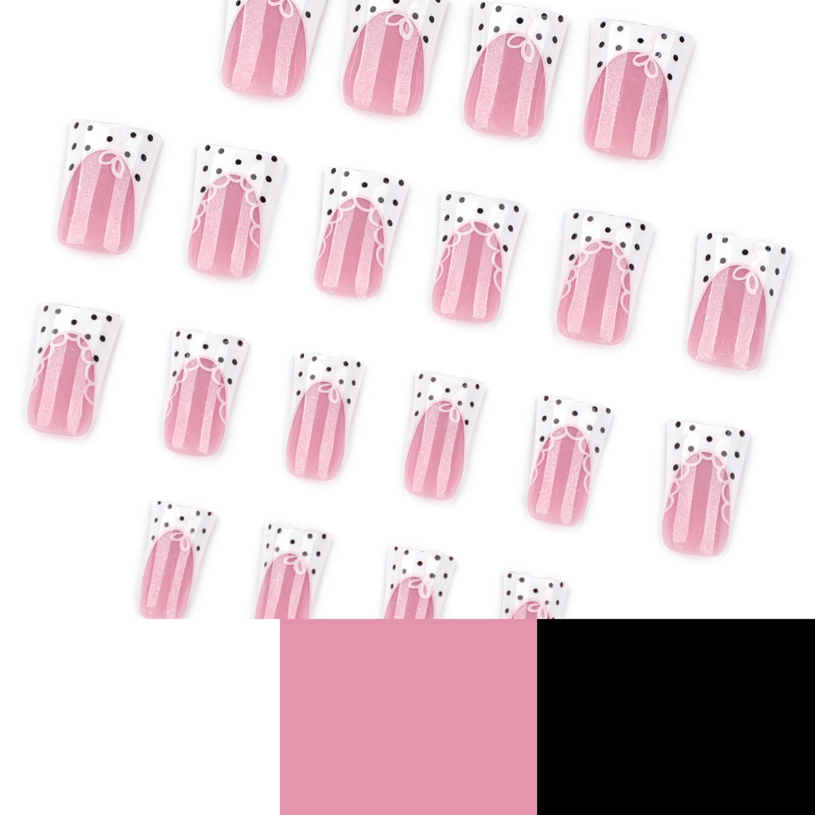 24 Stück Einfache Weiße Französische Kunstnägel mit Schwarzen Polka Dots und Spitzenkanten, Ballerina-Form zum Aufkleben, Entenschnabel-Form – Detail 3