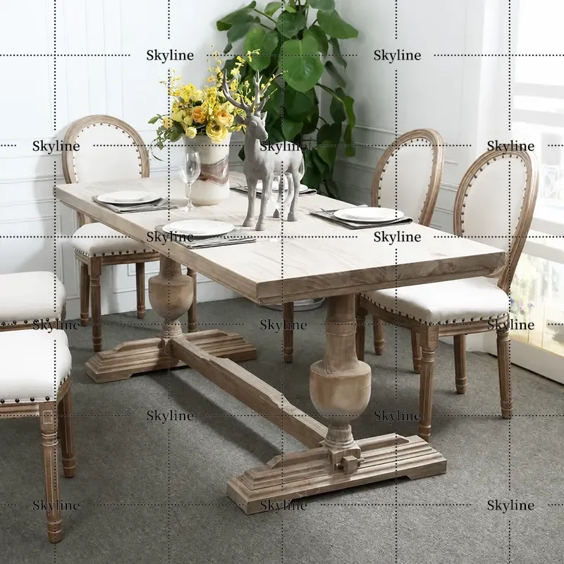 American Style Solid Wood Roman Column Dining Table French Country Retro Antique Long Restaurant Table