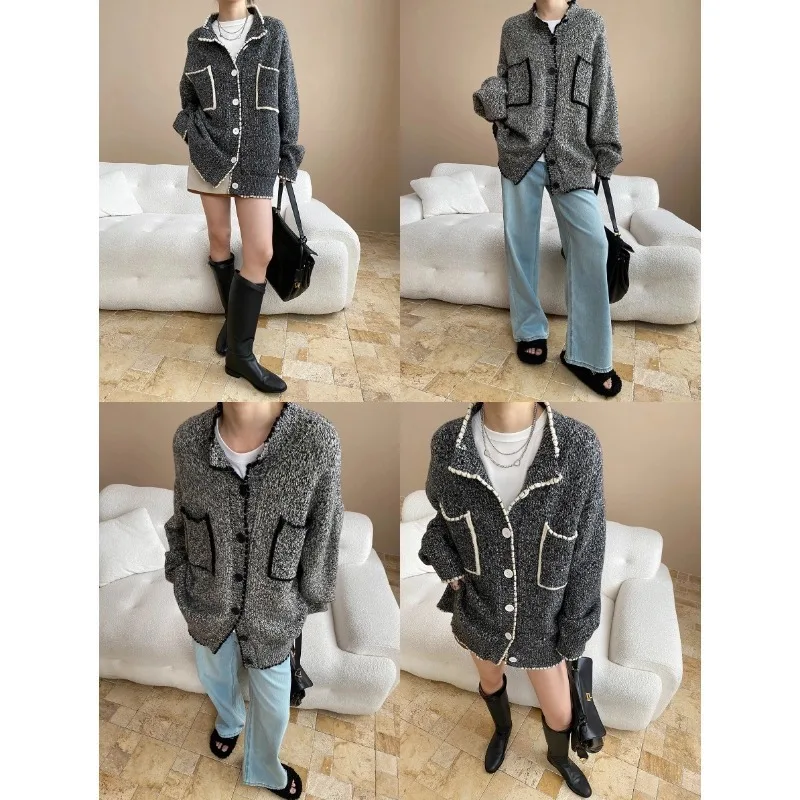 UMI MAO Fashion Tops Autumn New Fashionable Double Pocket Color-Block Round Neck Lazy Loose Knitted Sweater Jacket