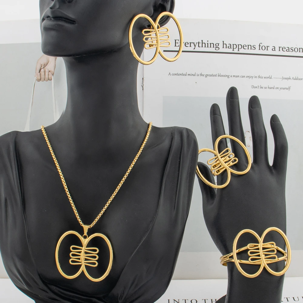 

Gold-Tone Copper Round Hollow Jewelry Set for Women, Earrings Pendant Bangle Ring, African Arab Holiday Gift