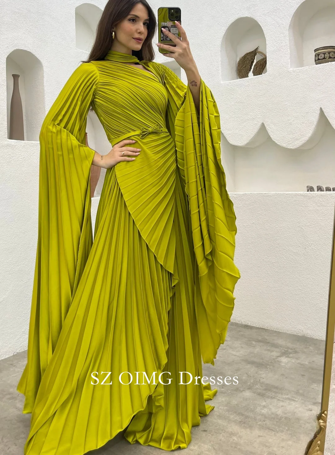 OIMG Arabic High Neck Satin  Dress Fashion Long Sleeves Pleated Modest Customized Wedding Party Gowns For Women 2024 Customized