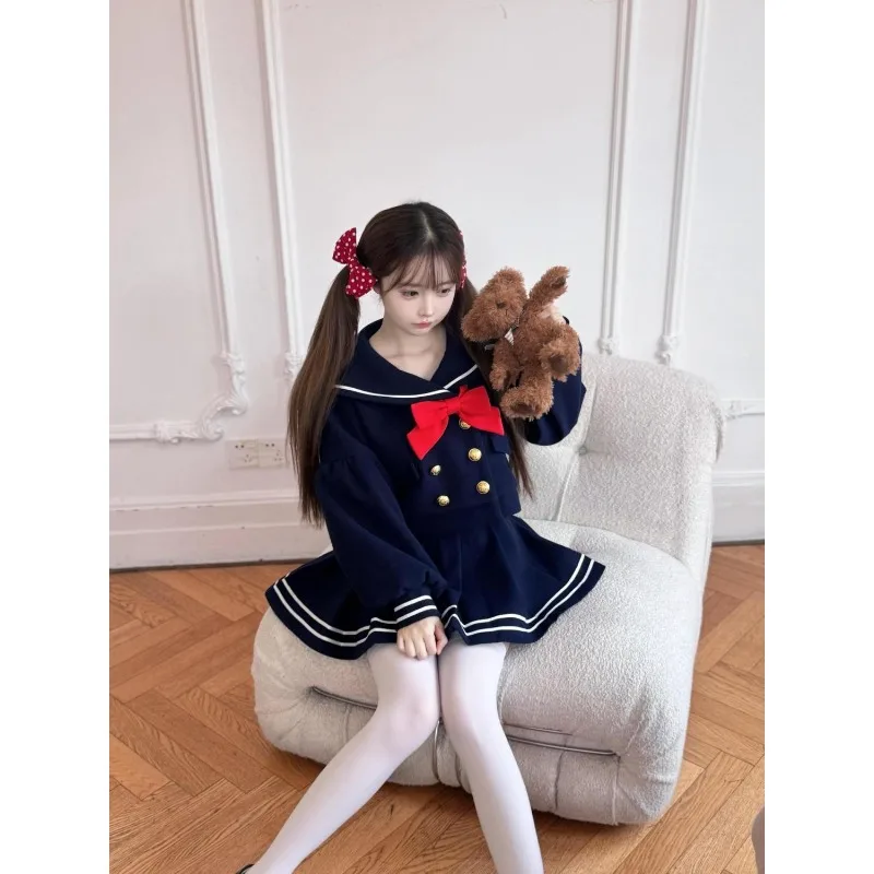 Japanse preppy stijl kawaii dames tweedelige set chique strik marine kraag tops + hoge taille minirok zoete vrouw outfits 2025