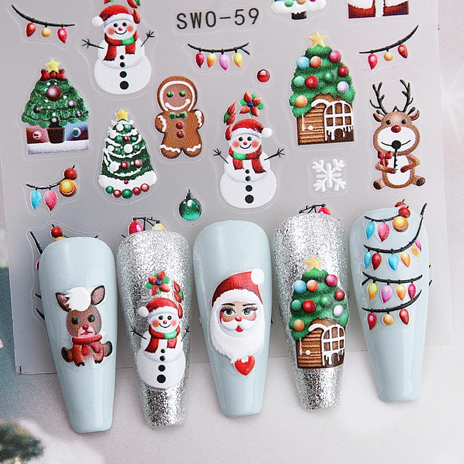 Pegatinas navideñas de dibujos animados para decoración de uñas, lámpara de neón de Papá Noel, hombre de jengibre, árbol, calcomanías autoadhesivas, muñeco de nieve, decoración de manicura DIY