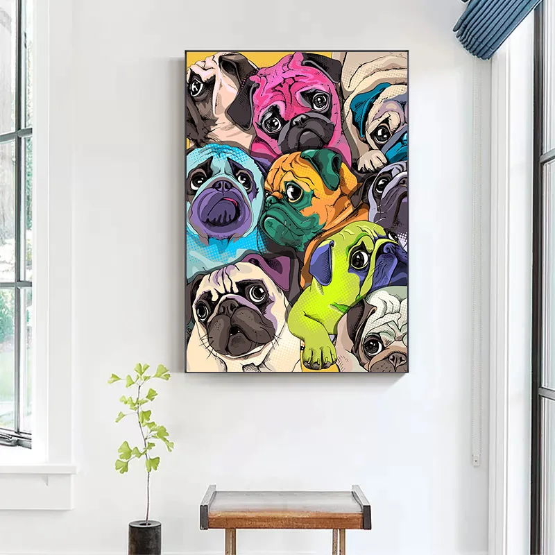 Funny Cute Crowded Pugs Dog Poster Canvas Painting Colorful Animal Wall Art Print For Kid Living Room Home Decor Cuadros Gift