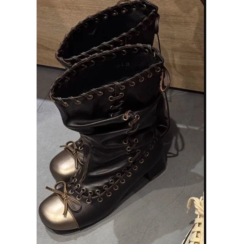 Rubbed Color Lace-Up Chunky Heel Boots Woman Winter 2026 Bow Square Toe Punch Slip-On Short Boots Fashion Boots