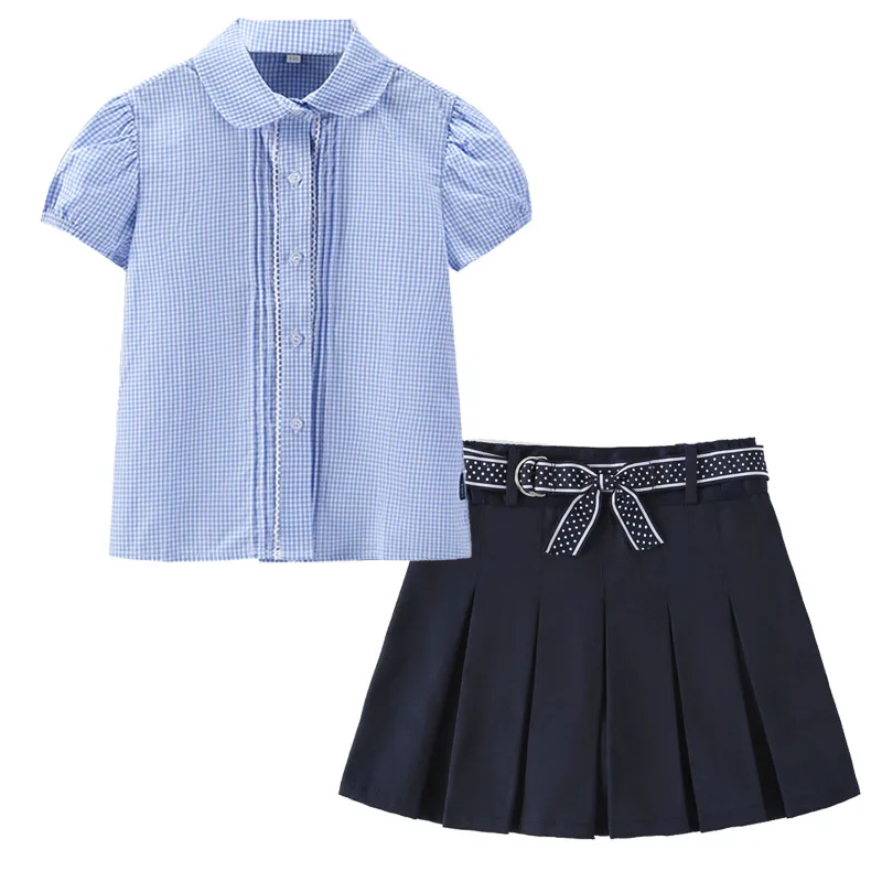 2025 خريف جديد الفتيات مطوي زي مدرسي تنورة الكاكي الأطفال طالب التبتية الأزرق نصف طول تنورة