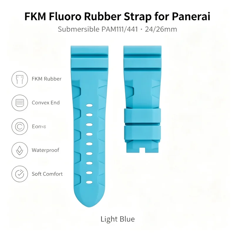 24mm 26mm Premium FKM Fluoro Rubber Strap for Panerai Submersible PAM111 PAM441 Light Blue Convex End Men Replacement Watch Band
