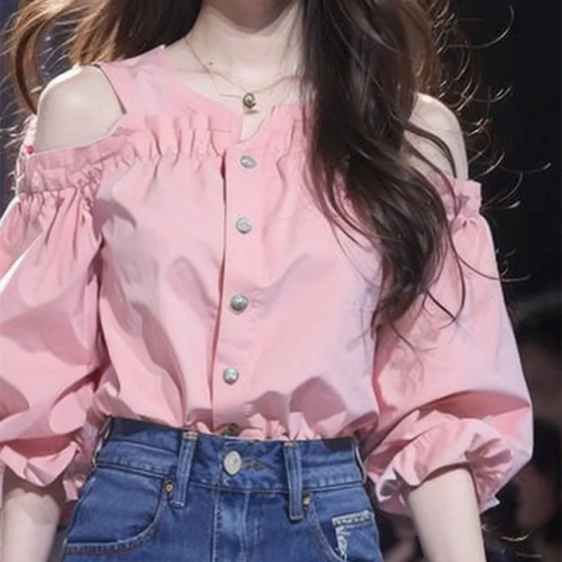 

Summer New Fashion Single Breasted Round Neck Patchwork Three Quarter Sleeve Office Lady Women's Shirts