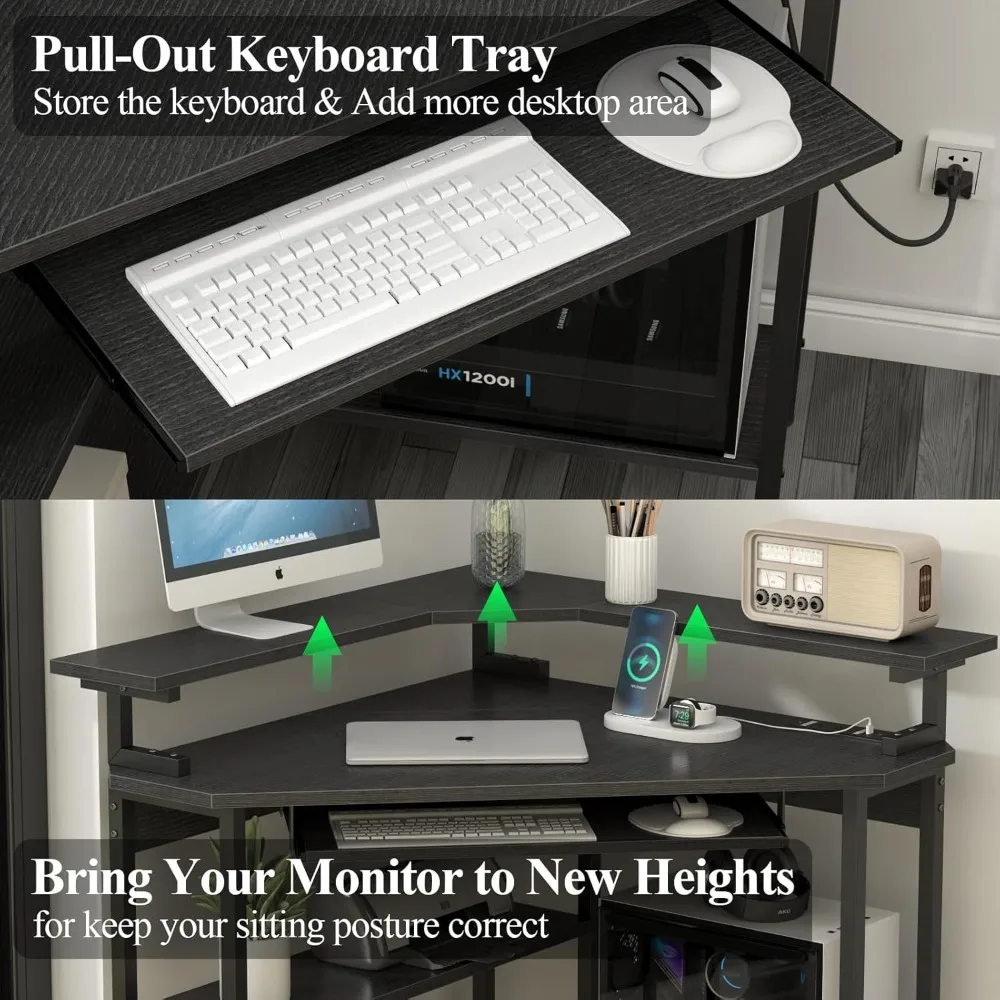 Corner Desk with Charging Station & LED Light, Triangle Corner Desk with Monitor Stand & Keyboard Tray for Small Space