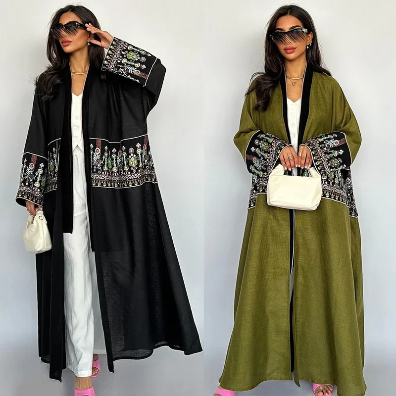 Fashion Embroidery Muslim Dress Robe Female Full Length Opened Abaya Muslim Dress Worship Service Abaya wy2024