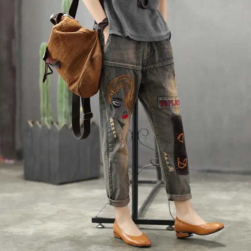 Women's Autumn and Winter New Fashion Embroidery Korean Edition Pocket Versatile Loose High Waist Elastic Denim Harlan Pants