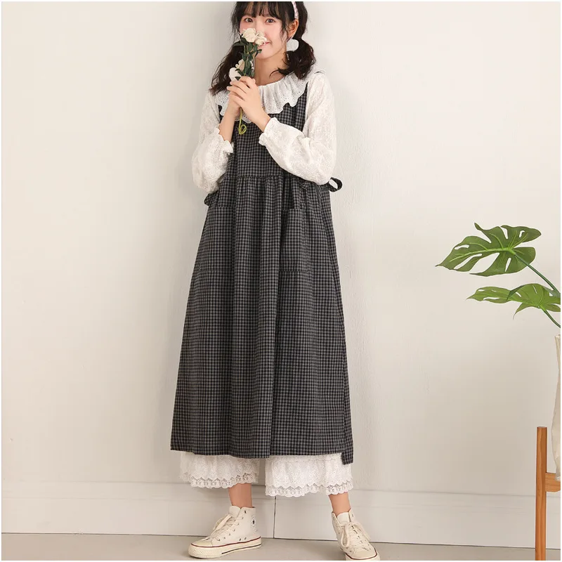 Johnature 2024 Spring Summer New Mori Cotton Linen Sleeveless Plaid Tie Dresses Vintage Loose All Match Pockets Women Dress