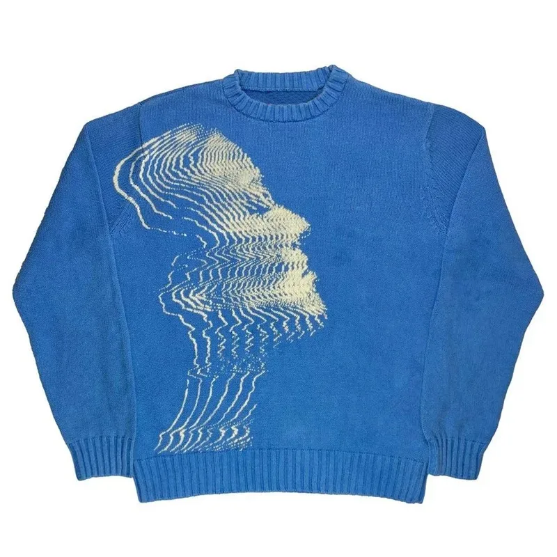 2025 Autumn Streetwear Sweater Men Women Cotton Knitwear Vintage Knitted Sweater Harajuku Ukiyo-e Style portrait patternPullover