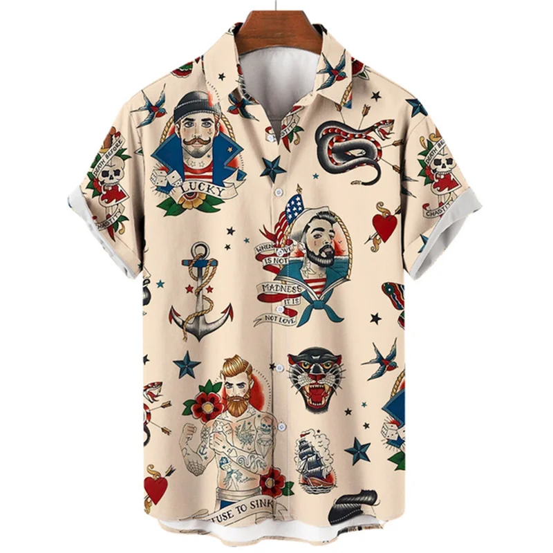 Retro Herren Hawaii Hemden 3D-Druck Meerjungfrau Grafiken lässig Knopf Kurzarm Revers Streetwear Hawaii Hemden für Männer Sommer