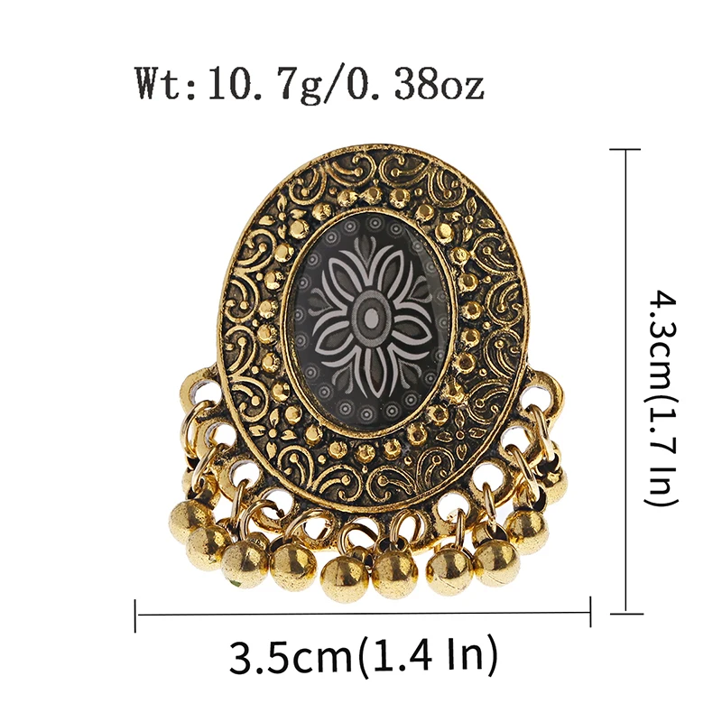 Vintage Big Gold Color Rings Women Engraved Red Flower Pattern Retro Bells Party Female Finger Ring Wedding Indian Jewelry