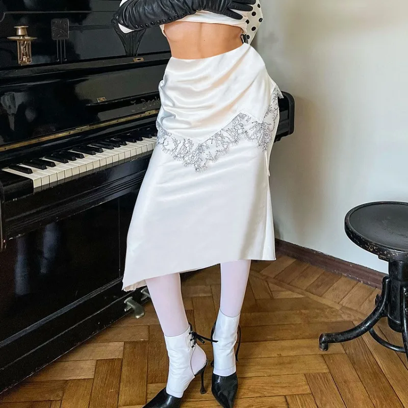 

Tuularose White Lace Skirt Fashion Vintage Contrast Lace Patchwork Irregular Skirt New High Waist Slim Party Looks Female Skirt
