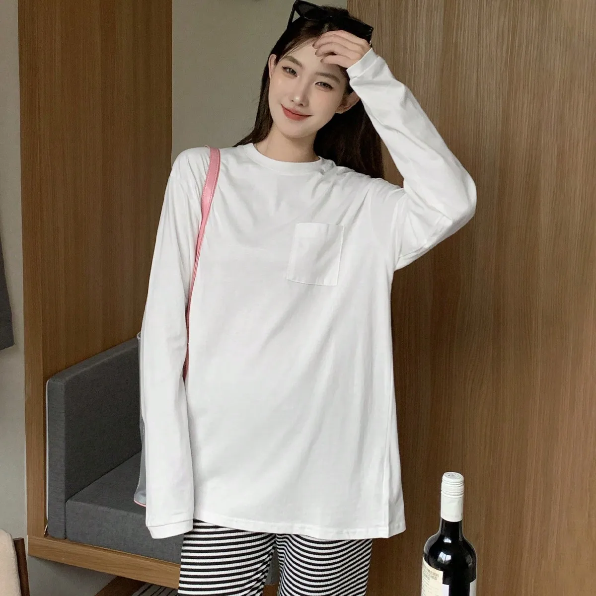 Korean Chic Early Autum White Relaxed and Lazy Round Neck Long-Sleeved T-Shirt Mid-Length Inner Bottoming Top for Women