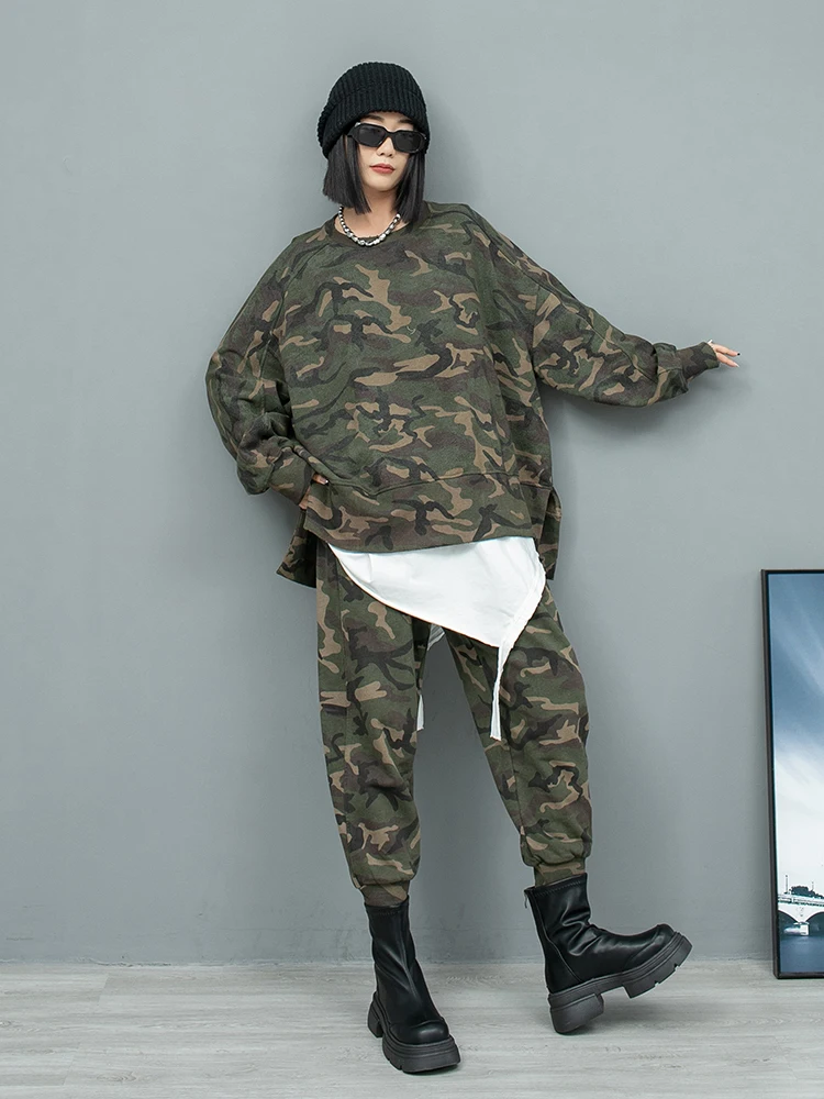 

New Women's Fashion Camouflage Asymmetrical Long-sleeved Pullover Sweatshirt Elastic Waist Harem Pants Streetwear Two-piece Set