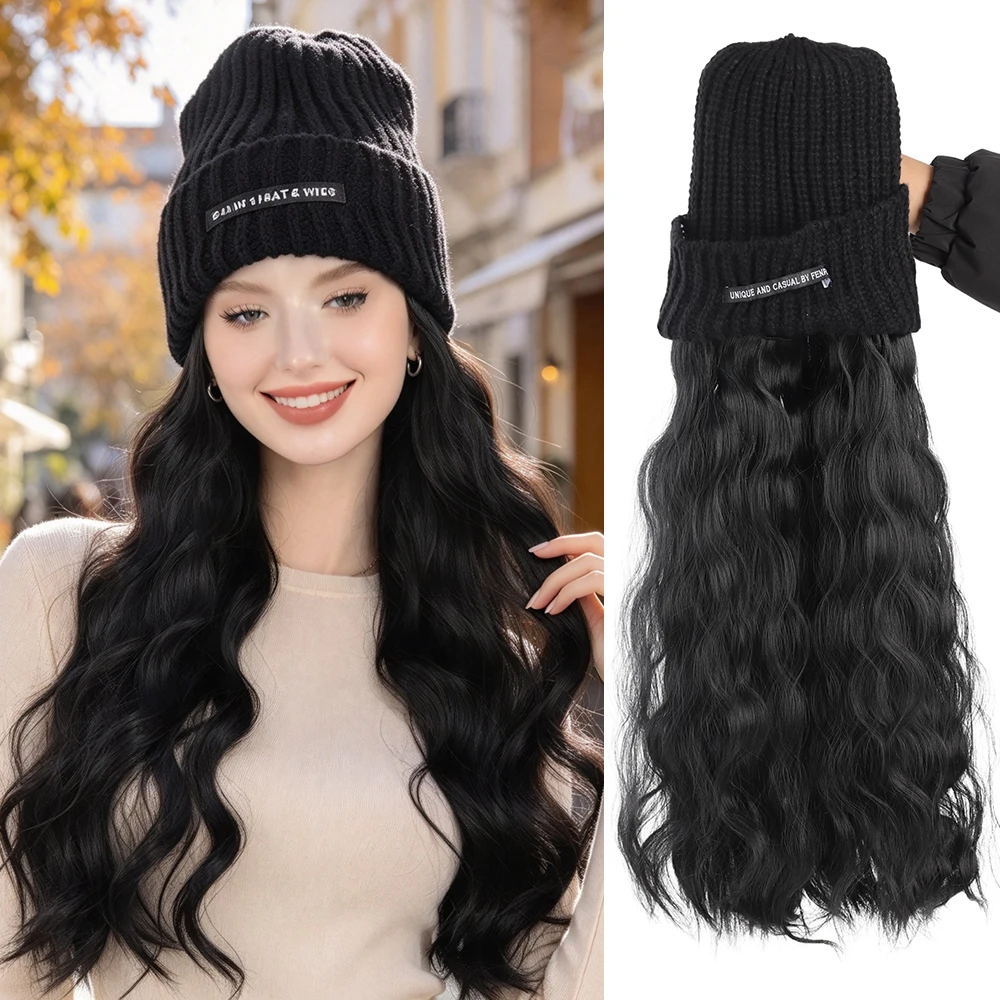 Synthetic Wig Black Hat With Long Curly Hair Extensions; Knitted Hat; Warm Ski Hat For Autumn And Winter