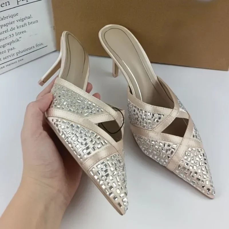 2025 Luxury High Heels Slippers Woman Pointed Toe Bright Rhinstones Elegant Party Ladies Mules Shoes Brand Designer Stilettos