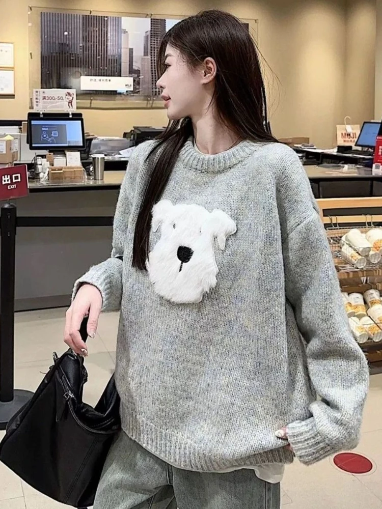 かわいい毛皮のウェスティ ‌   ニットセーター女性秋冬厚い特大ラウンドネックプルオーバー漫画子犬カジュアルニットウェアトップ