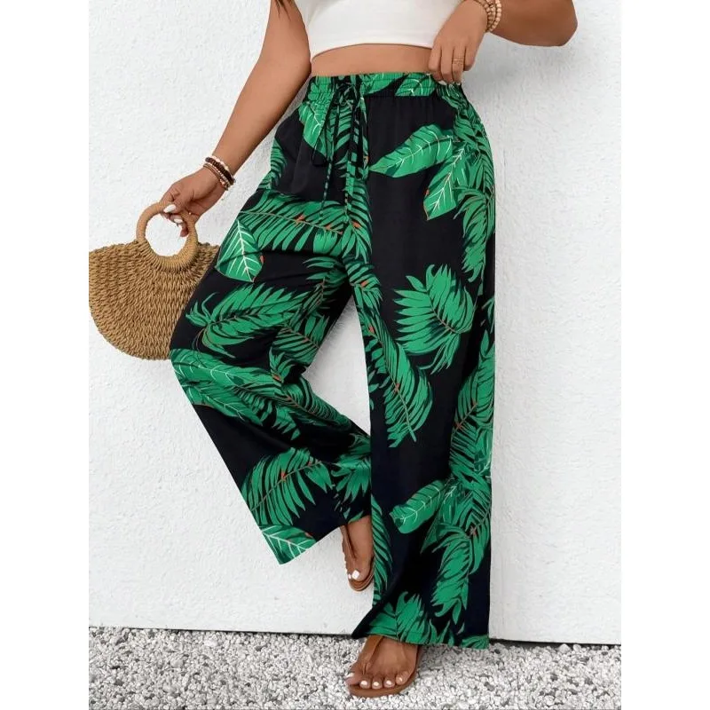 プラスサイズ 1XL-5XL 女性用花柄パンツ 春夏 薄手 ハイウエスト スリム アイスシルク ストレッチ 花柄 ストレートレッグ レディースパンツ