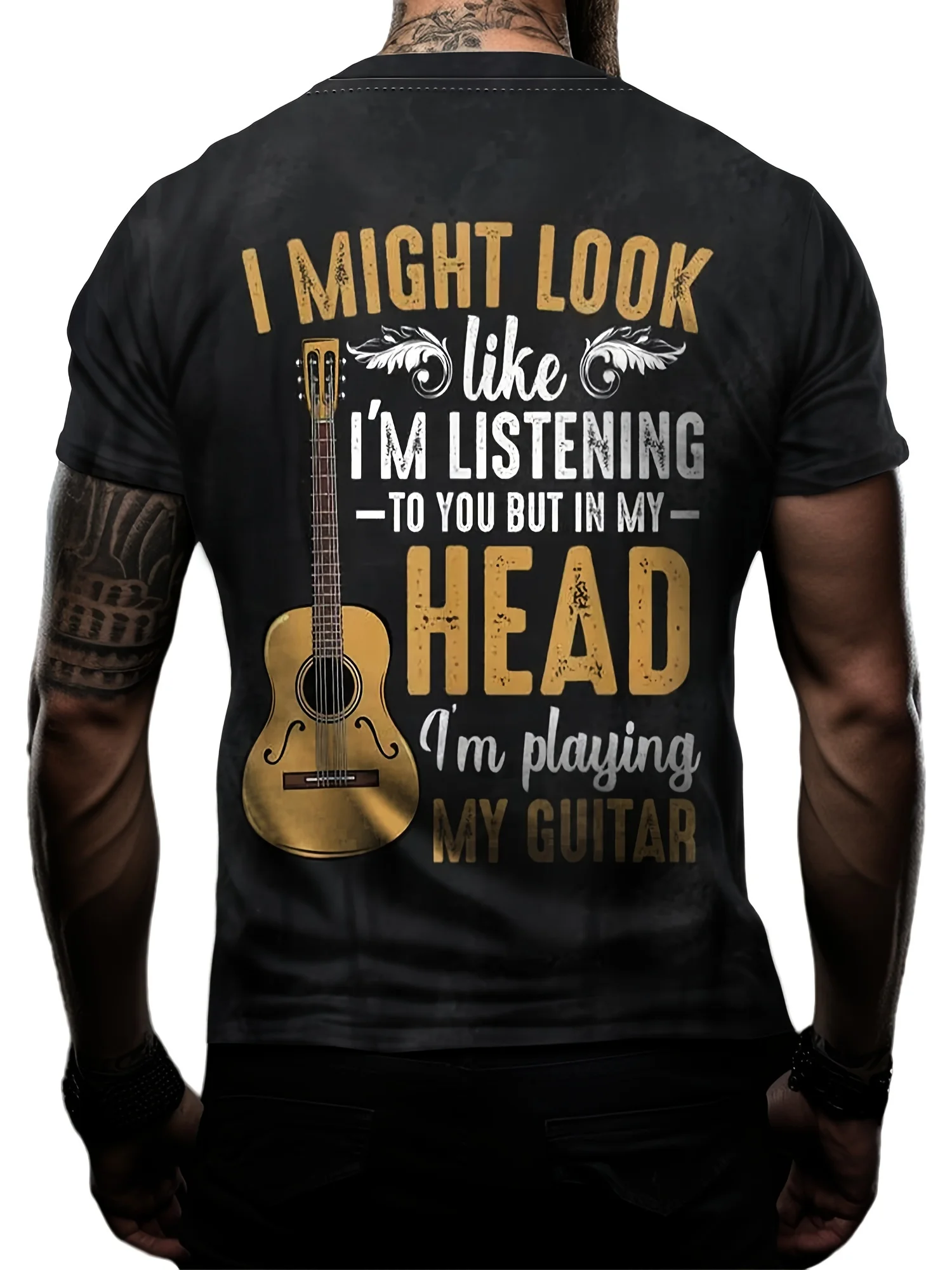 Men's Guitar Print T-shirt, Casual Short Sleeve Crew Neck Tee, Men's Clothing For Outdoor