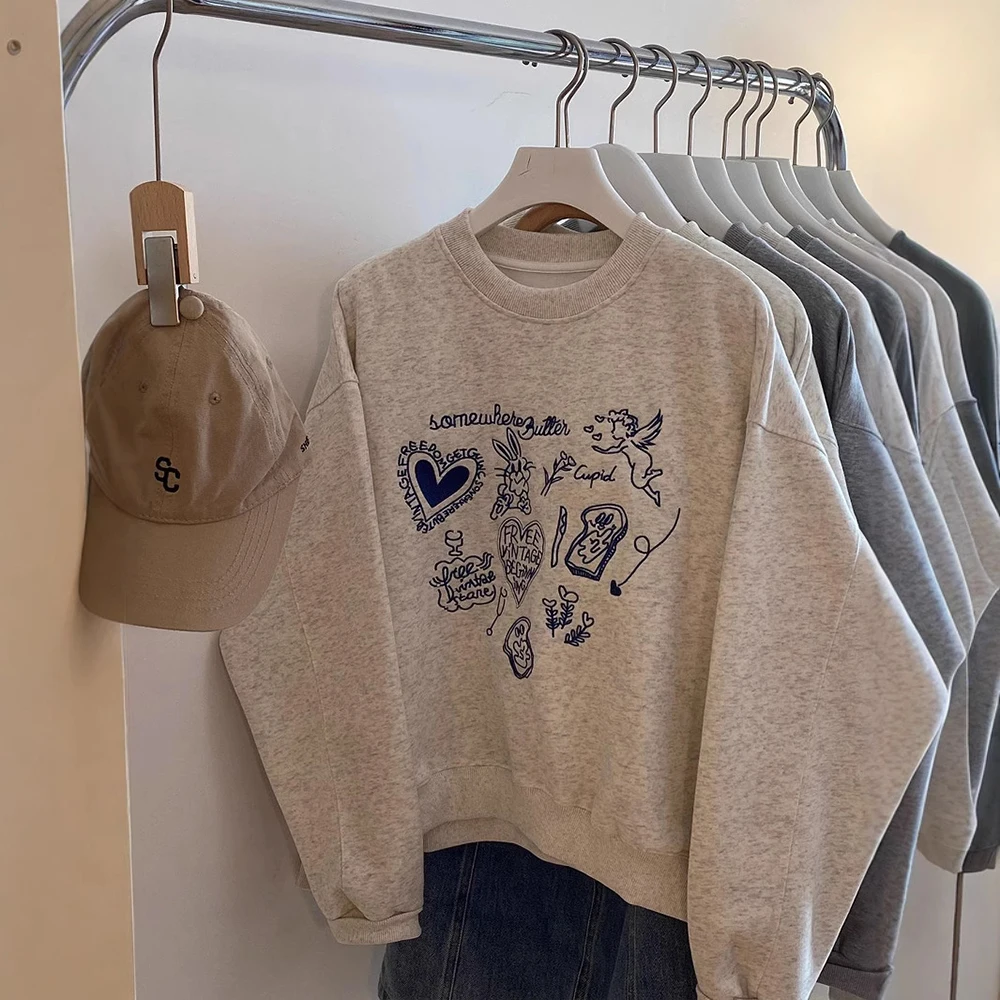 Playful Embroidery Print Pattern Hoodie Gray Round Neck Top Minimalist Design Daily Wear Vintage Casual Style Sweatshirt